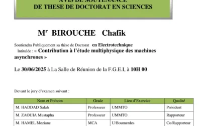 Avis de soutenance de thèse de doctorat en Sciences de M. BIROUCHE Chafik