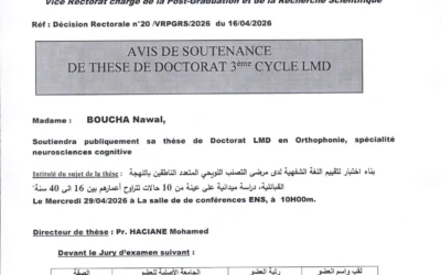 Avis de soutenance de thèse de Doctorat LMD en Orthophonie de Mme BOUCHA Nawal