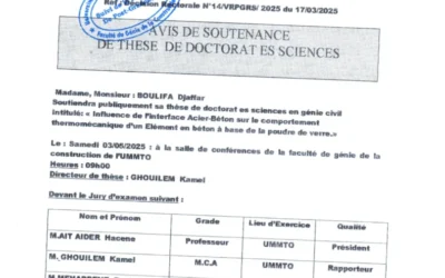 Avis de soutenance de thèse de doctorat en Génie Civil de M. BOULIFA Djaffar