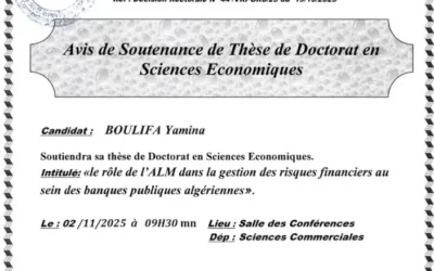 Avis de soutenance de thèse de doctorat en Sciences économiques de Madame BOULIFA Yamina