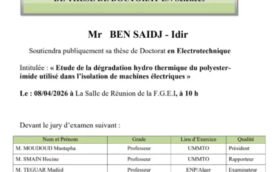 Avis de soutenance de thèse de Doctorat en Electrotechnique de Monsieur BEN SAIDJ Idir