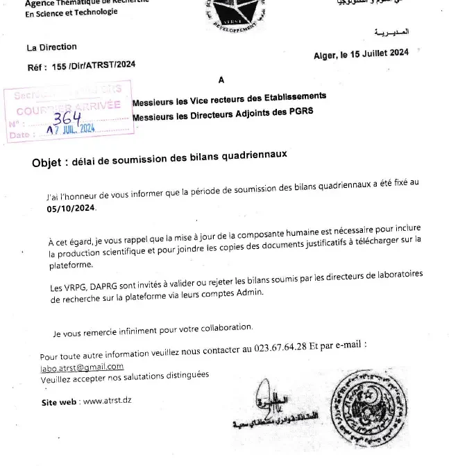 Délai de soumission des bilans quadriennaux