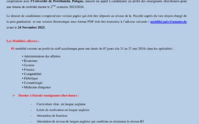 Appel à candidatures pour des bourses de mobilité Erasmus + en partenariat AVEC L’UNIVERSITE DE POWISLANSKI, POLOGNE