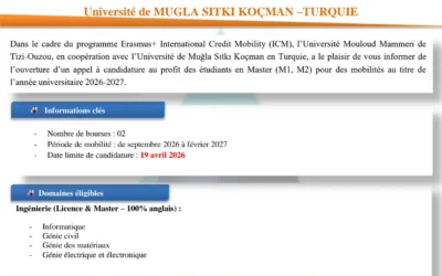 Appel à candidature : Bourses de Mobilité ERASMUS+ (Université de MUGLA SITKI KOÇMAN –TURQUIE)