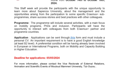 CALL FOR ERASMUS+ MOBILITY- Sapienza University, Italy