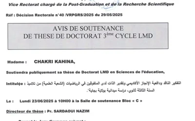Avis de Soutenance de thèse de doctorat LMD en Sciences de l’éducation de Mme CHAKRI Kahina