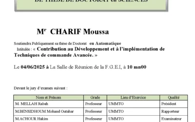 Avis de soutenance de thèse de doctorat en automatique de Monsieur CHARIF Moussa