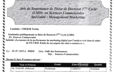 Avis de soutenance de thèse de doctorat LMD en Sciences Commerciales de Mme CHEKIR Terkia