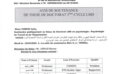 Avis de soutenance de thèse de doctorat LMD en psychologie de Mme CHERIK Cylia