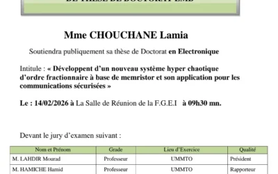 Avis de soutenance de thèse de doctorat LMD en Electronique de Madame CHOUCHANE Lamia