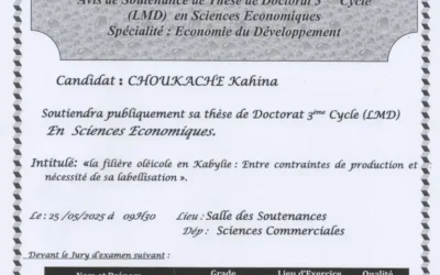 Avis de soutenance de thèse de doctorat LMD en sciences économiques de Mme CHOUKACHE Kahina