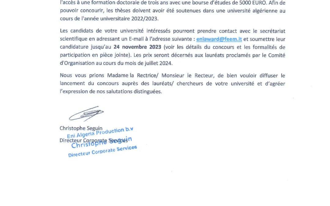 Concours de recherche:  Enie Award 2024