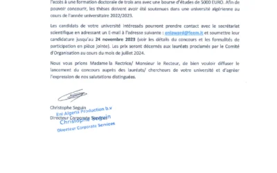 Concours de recherche: Enie Award 2024