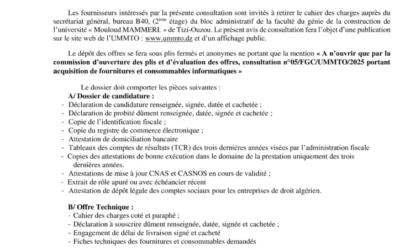 Avis de consultation N°05/FGC/UMMTO/2025