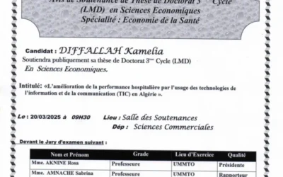 Avis de Soutenance de Thèse de Doctorat en Sciences Economiques de DIFFALLAH Kamelia