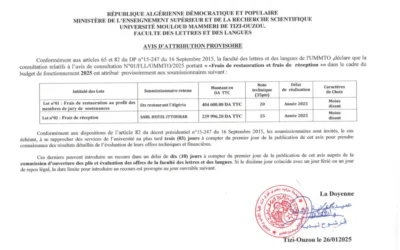 Avis d’attribution provisoire relatif à la consultation n°01/FLL/UMMTO/2025