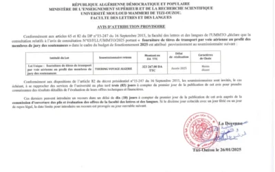 Avis d’attribution provisoire relatif à la consultation n°03/FLL/UMMTO/2025