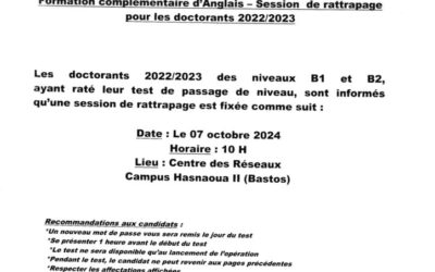 Formation Complémentaire d’Anglais – Session de Rattrapage pour les doctorants 2022/2023