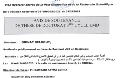 Avis de Soutenance de thèse de doctorat LMD en Sociologie de M. GRINAT Belhout
