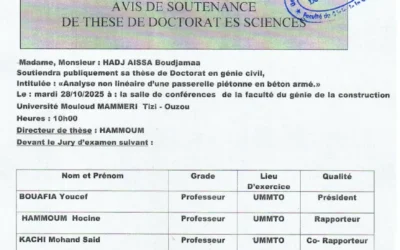 Avis de soutenance de thèse de doctorat en génie civil de M.HADJ AISSA Boudjamaa