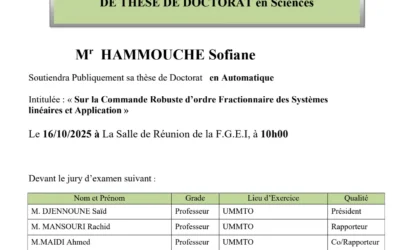 Avis de soutenance de thèse de doctorat en automatique de Monsieur HAMMOUCHE Sofiane