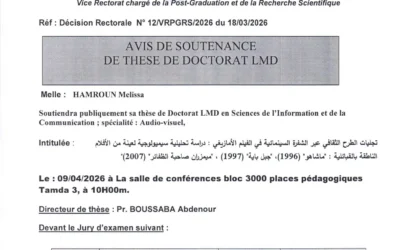 Avis de soutenance de thèse de doctorat LMD en Sciences de l’information et de la communication de Mlle. HAMROUN Melissa