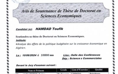 Avis de Soutenance de Thèse de Doctorat en Science Economiques de Mr HAMDAD Toufik