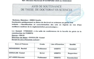 Avis de soutenance de thèse de Doctorat en Génie Civil de Mme IDRES Saadia