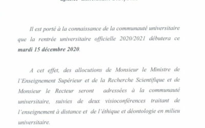 Note d’information :Rentrée universitaire 2020/2021
