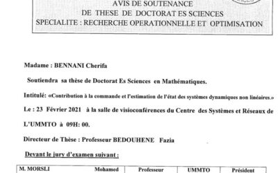 Avis de soutenance de thèse de Doctorat en Mathématiques par Mme BENNANI Cherifa