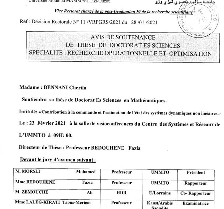 Avis de soutenance de thèse de Doctorat en Mathématiques par Mme BENNANI Cherifa