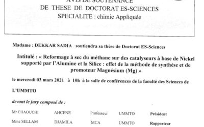 Avis de soutenance de thèse de Doctorat en Chimie Appliquée par Mme DEKKAR Sadia