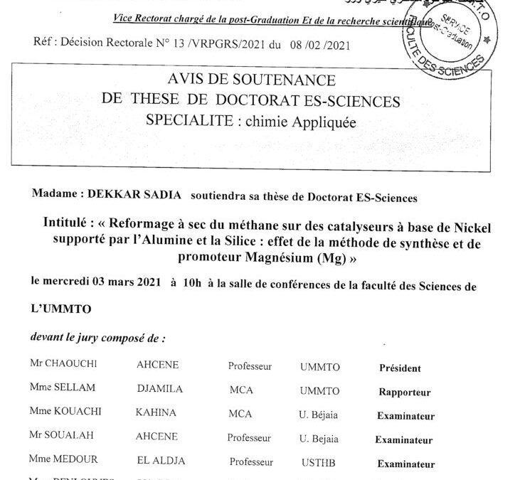 Avis de soutenance de thèse de Doctorat en Chimie Appliquée par Mme DEKKAR Sadia