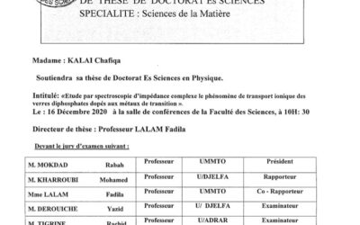 Avis de soutenance de thèse de Doctorat en Mme KALALI Chafiqa