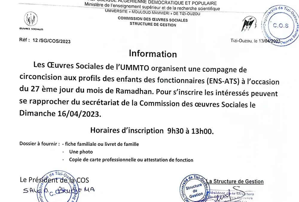 Œuvres sociales: Information concernant les circoncisions