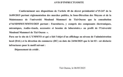 Avis d’infructuosité de la consultation Numéro 16/SDMM/UMMTO/2025