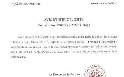 Avis d’infructuosité de la consultation N°03/FS/UMMTO/2025