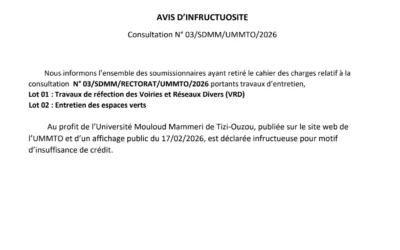 Avis d’infructuosité de la Consultation N° 03/SDMM/UMMTO/2026