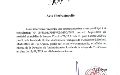 Avis d’infructuosité de la consultation N°09/SMM/FDSP/UMMTO/2025