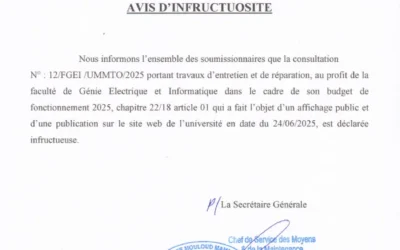 Avis d’infructuosité de la consultation N°12/FGEI/UMMTO/2025