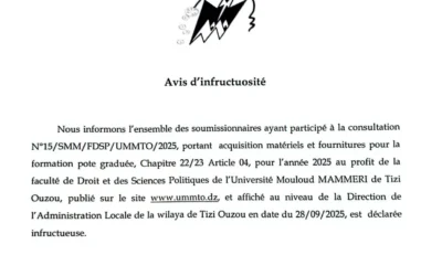 Avis d’infructuosité de la consultation N°15/SMM/FDSP/UMMTO/2025