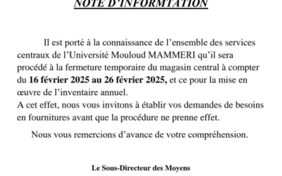 Note d&rsquo;information concernant l&rsquo;inventaire annuel des magasins centraux