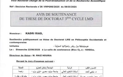 Avis de soutenance de thèse de doctorat LMD en Philosophie de Monsieur KADRI Riad