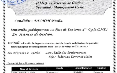 Avis de soutenance de thèse de doctorat LMD en Sciences de Gestion de Mme KECHIH Nadia