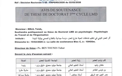 Avis de soutenance de thèse de doctorat LMD en psychologie de Monsieur KELIL Taieb