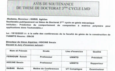 Avis de soutenance de thèse de doctorat LMD en Génie Mécanique de Monsieur KHRIS Aghiles