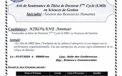 Avis de Soutenance de Thèse de Doctorat LMD en Sciences de Gestion de Mr KIROUANE Ammar