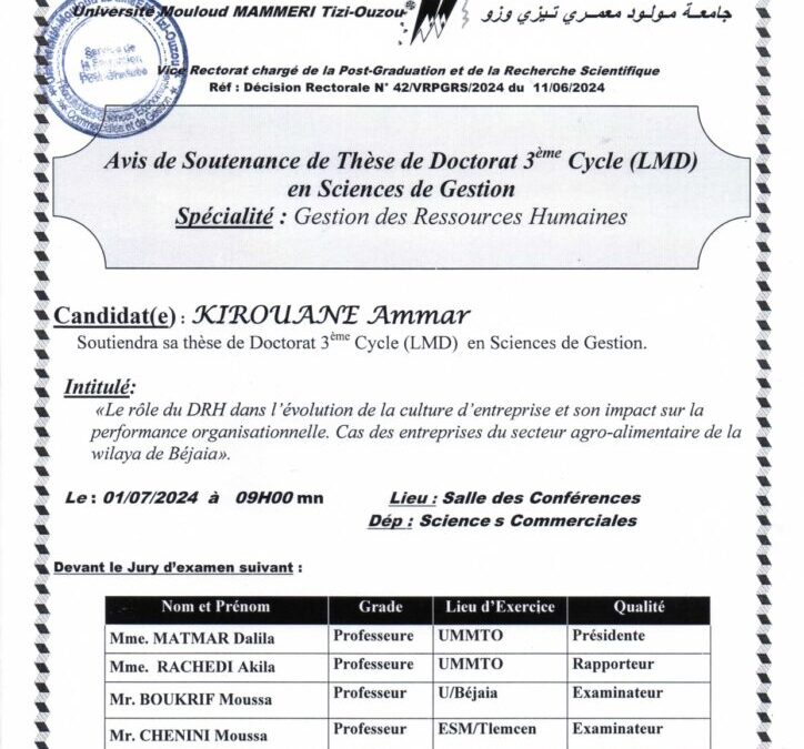Avis de Soutenance de Thèse de Doctorat LMD en Sciences de Gestion de Mr KIROUANE Ammar
