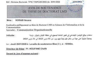 Avis de soutenance de thèse de doctorat LMD en Sciences de l&rsquo;information et de la communication de Mme KORABI Nouara