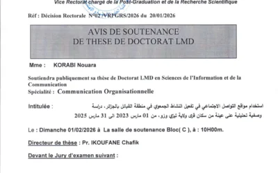 Avis de soutenance de thèse de doctorat LMD en Sciences de l’information et de la communication de Madame KORABI Nouara